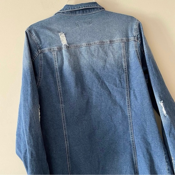 Blue Medium Wash Button-up  Midi Distressed Denim Jacket Dress - Picture 11 of 11
